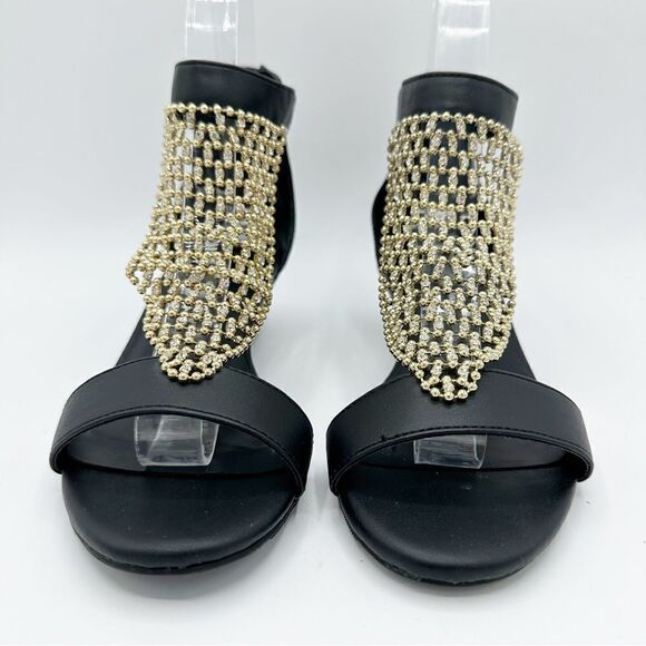 Thalia Sodi‎ Black Tibby Gold/Crystal Mesh Embellished Wedge Open-Toe Sandals 5M - Picture 4 of 16